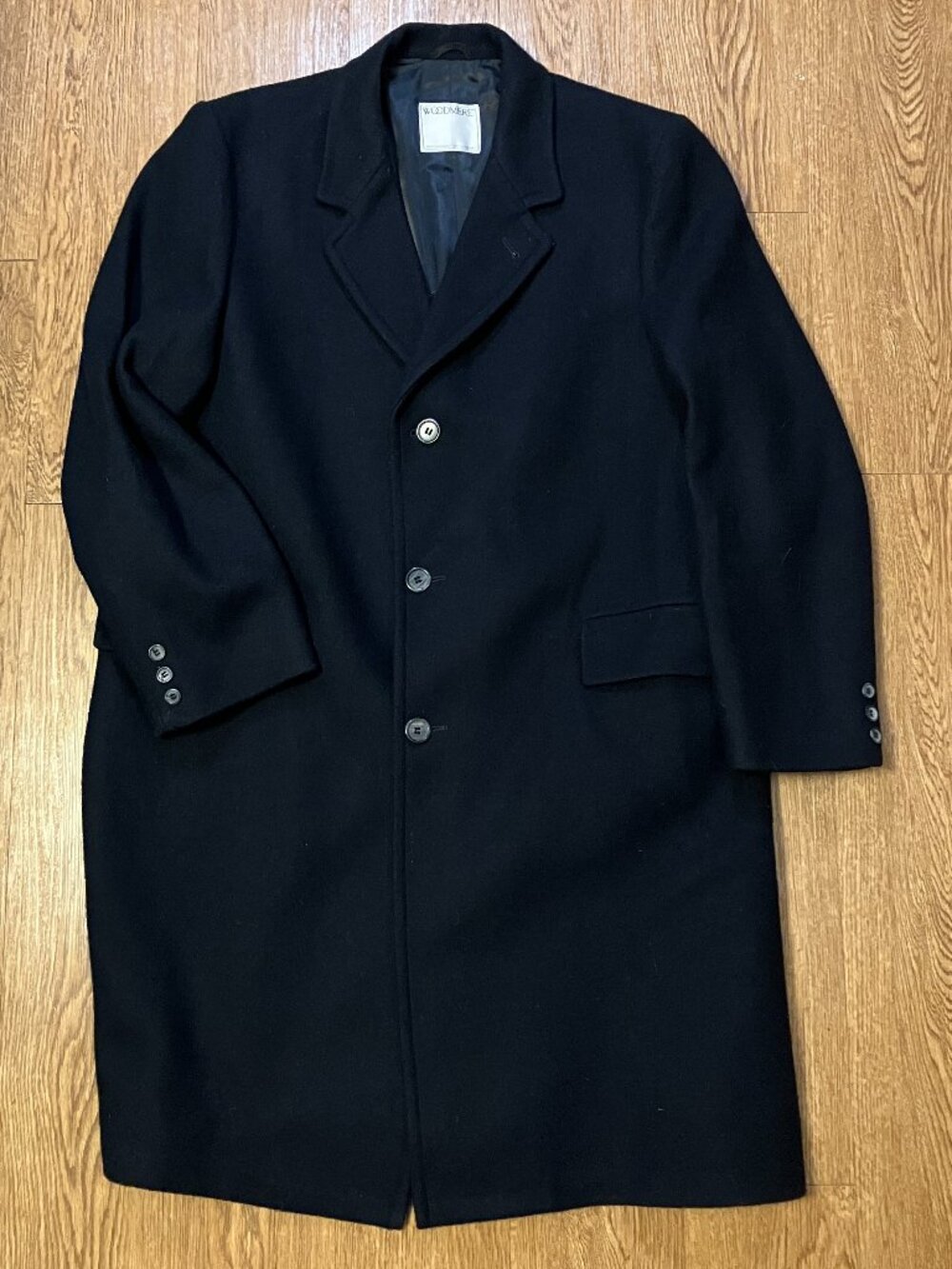 Vtg Woodmere Black Wool Blend Topcoat 46 Regular Old Money Academia Duster Coat